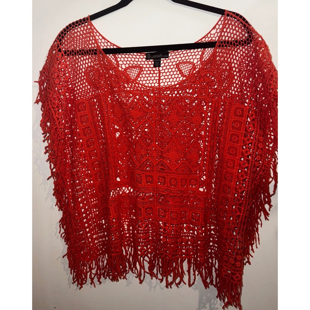 Signature Studio Red Crochet Fringe Poncho Top L/XL Boho Cotton Hippie Festival